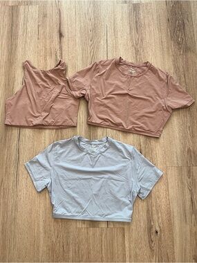 SKIMS Trio Cropped Tops in Dusty Pink and Light Blue